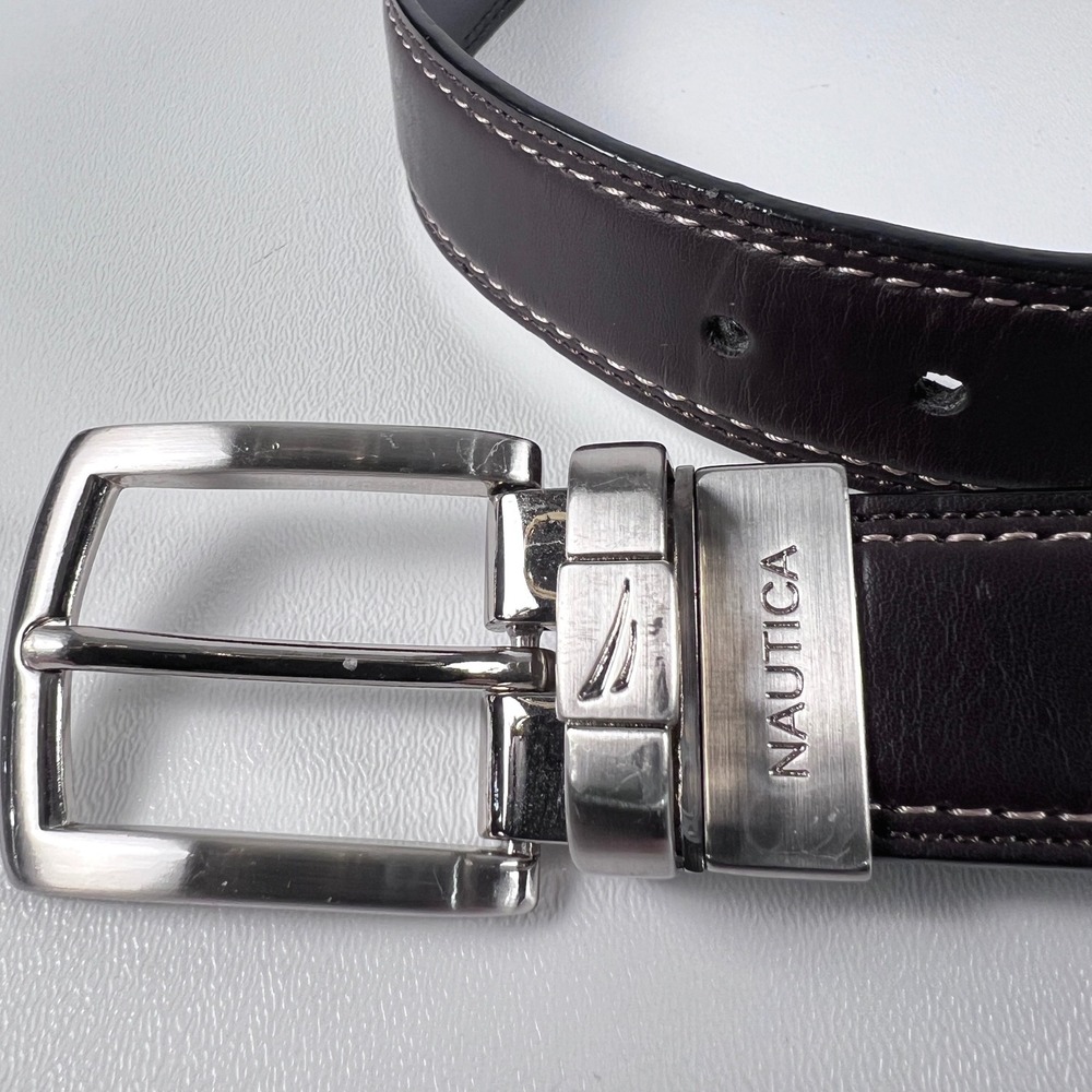Nautica Reversible Belt Kids 28 Brown Black Leather Silver Buckle School Uniform